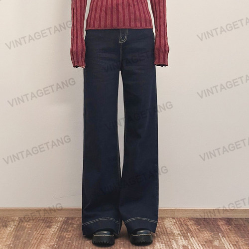 VintageTang复古深蓝高腰丹宁阔腿牛仔裤女加长直筒拖地长裤壕萬