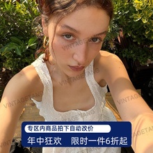 VintageTang美式复古小清新白色吊带连衣裙女夏季初恋小白裙吉贰