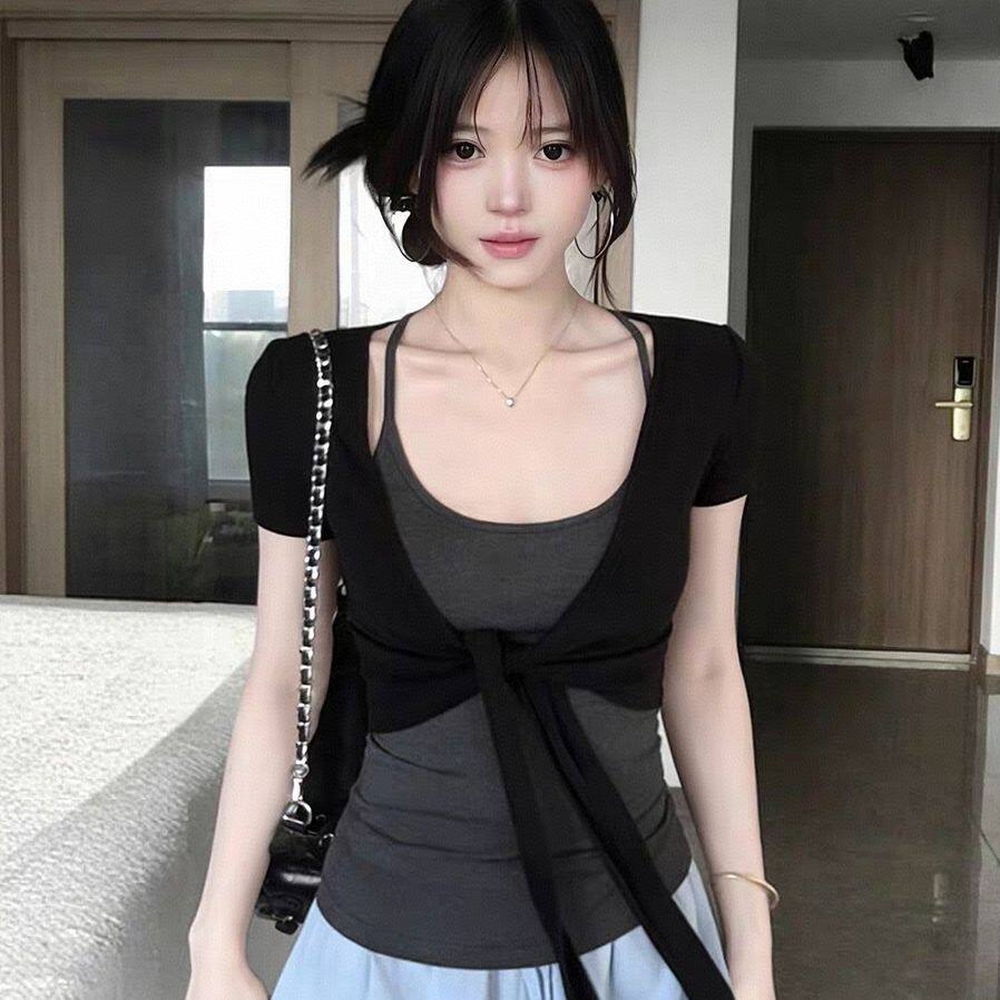 【灰带黑衫】美式辣妹套装女夏季绑带短袖开衫挂脖吊带纯欲风上衣
