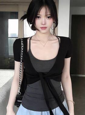【灰带黑衫】美式辣妹套装女夏季绑带短袖开衫挂脖吊带纯欲风上衣