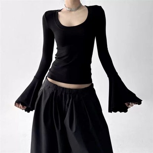 喇叭袖时髦打底2025新款设计T恤修身显瘦上衣喇叭袖上衣洋气穿搭