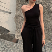 别致单肩斜肩纯棉背心上衣女夏新款 内搭锁骨无袖 黑色弹力打底吊带