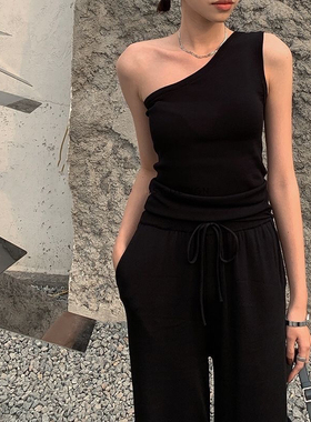 别致单肩斜肩纯棉背心上衣女夏新款内搭锁骨无袖黑色弹力打底吊带