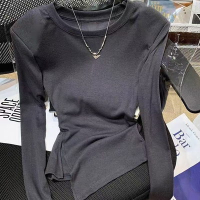 2025爆款上衣欧货垫肩打底衫女春秋内搭修身高级圆领长袖t恤显瘦