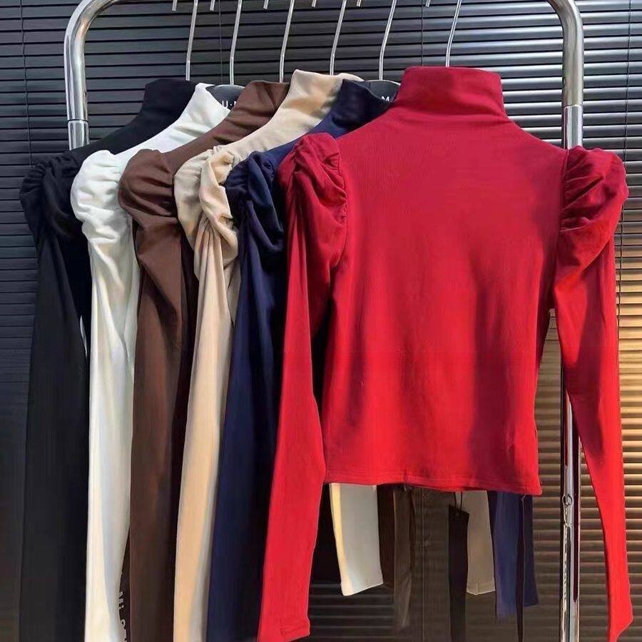 辣妹加绒半高领打底衫气质内搭洋气泡泡袖修身显瘦长袖T恤女上衣