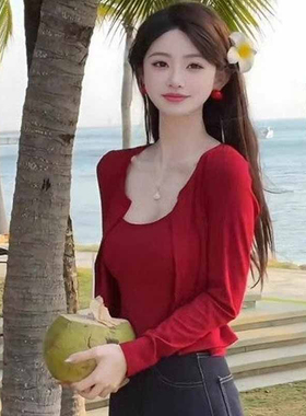 红色开衫薄款女配吊带开衫外搭罩衫夏女修身上衣防晒外套两件套