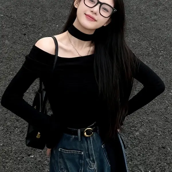 一字肩挂脖飘带长袖T恤女秋季新款修身显瘦打底衫辣妹上衣,女装/女士精品,T恤,淘宝优惠券,粉丝福利购,淘宝优惠卷