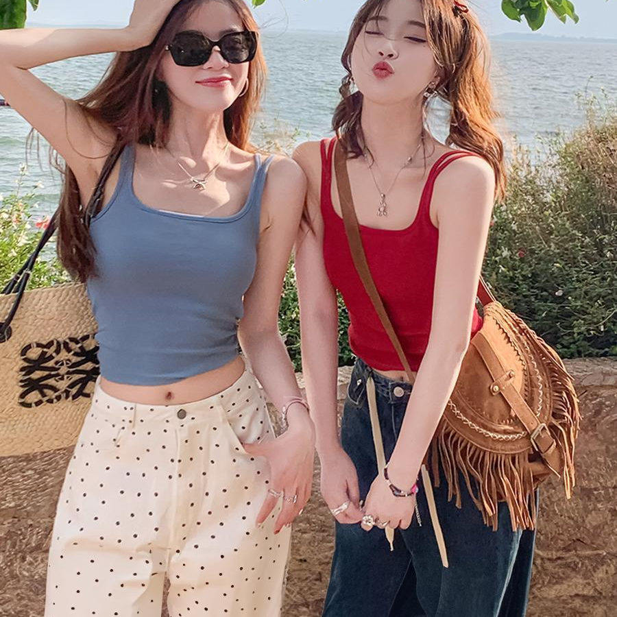 红色夏季新款短款双肩修身吊带打底搭外文胸上衣一体无袖胸垫背心