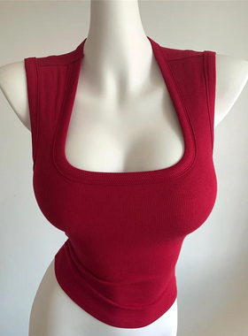 2025新款辣妹红色方领无袖背心女夏季修身显瘦内搭打底衫上衣