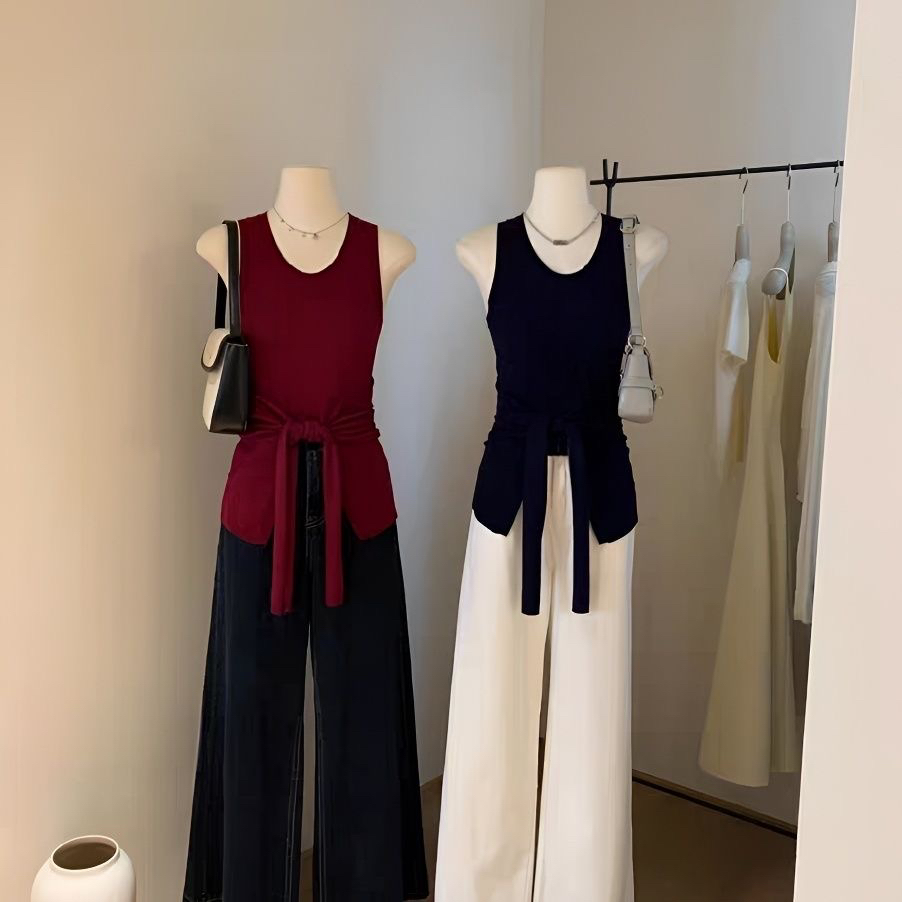 辣妹风2025春夏新款辣妹不规则露肩无袖收腰修身开叉绑带上衣背心
