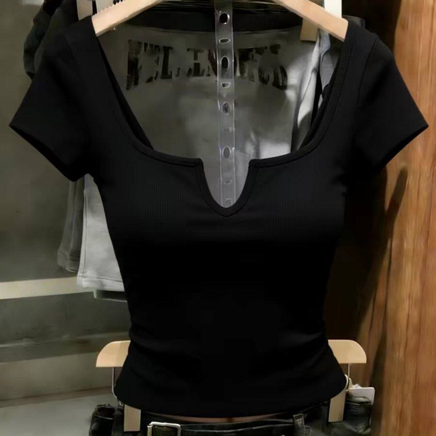高级感黑色U领正肩短袖T恤女夏季新款超好看百搭修身显瘦短款上衣