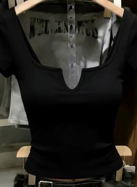 高级感黑色U领正肩短袖T恤女夏季新款超好看百搭修身显瘦短款上衣
