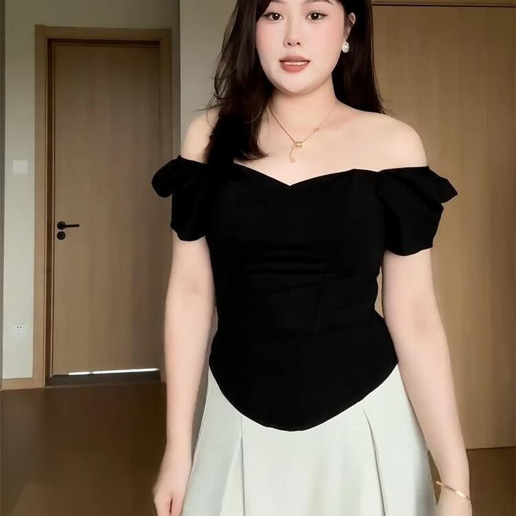 黑色一字肩短袖t恤女夏季2025新款大码胖MM掐腰修身显瘦高级上衣