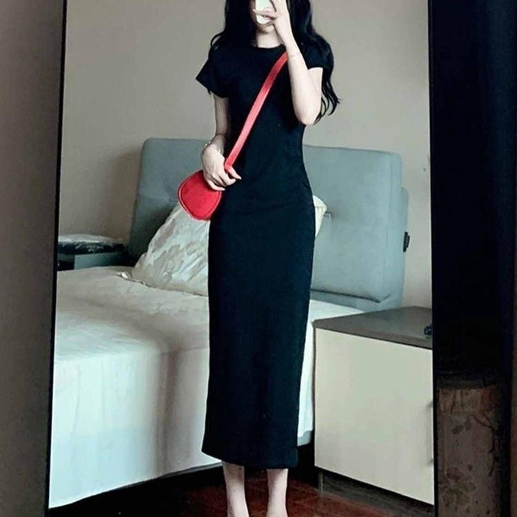 2025新款纯欲连衣裙女气质收腰包臀修身显瘦短袖T恤长裙显高夏