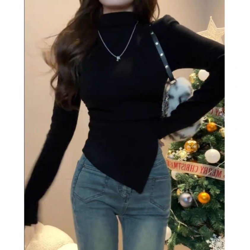 大码胖MM设计感不规则修身长袖t恤女秋季甜辣高领打底衫内搭上衣