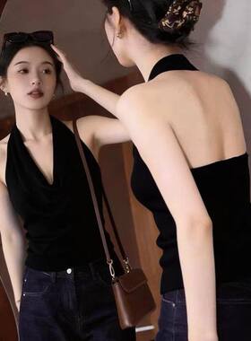 2026新款纯欲风辣妹挂脖无袖背心女露背设计感独特精致外穿