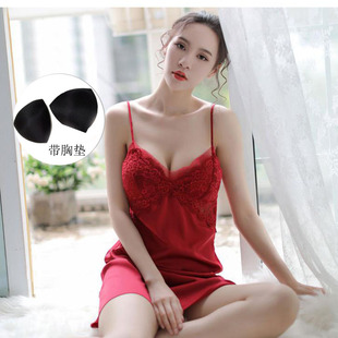 夏季 冰丝睡衣 蕾丝露背丝调镂空纯色v领性感短裙吊带睡裙无袖 薄款