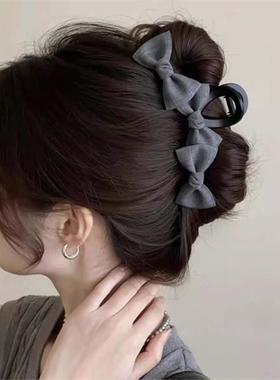 韩国BORA│高级感灰色布艺双蝴蝶结抓夹大号气质盘发鲨鱼夹发饰