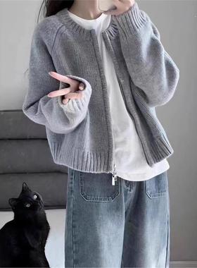 韩国BORA│灰色短款毛衣外套2026春秋款宽松拉链开衫长袖针织上衣