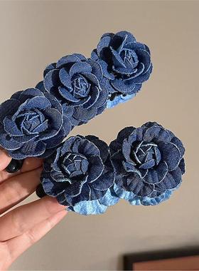 韩国BORA│蓝色牛仔玫瑰花朵发夹女新款后脑勺盘发香蕉夹发卡头饰