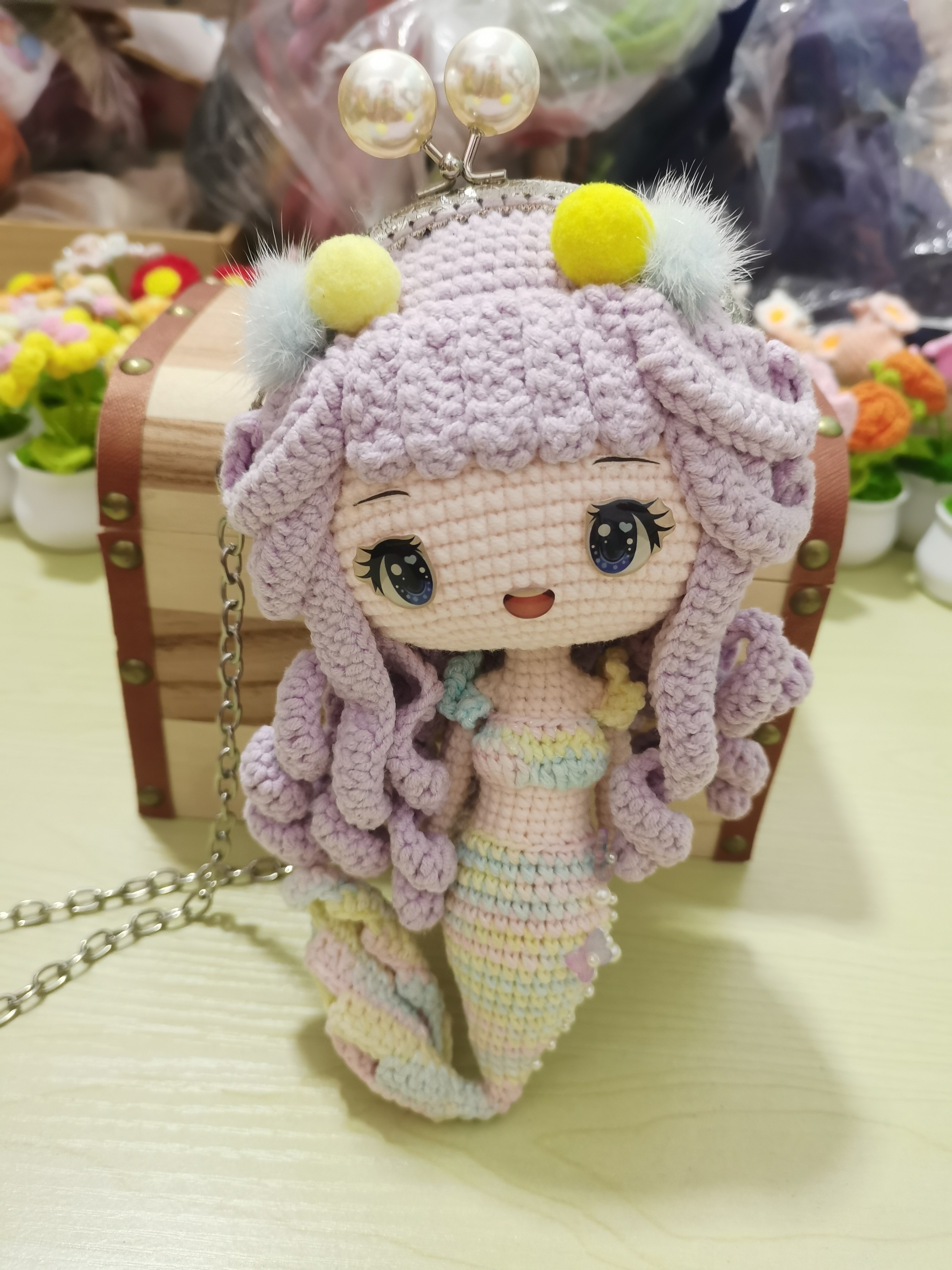 包邮纯手工毛线钩织人偶公主美人鱼口金包创意玩偶零钱包六一礼物
