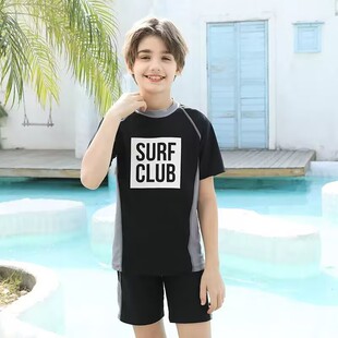 时尚 青少年中大童大码 儿童泳衣分体短袖 套装 学生 五分裤 新款