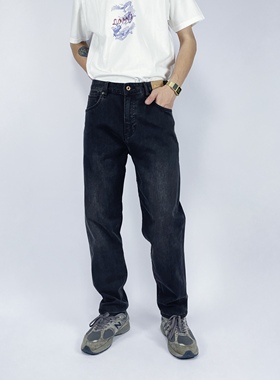 FAF原创美式复古高弹力洗水黑色牛仔裤男加厚超软直筒休闲单宁