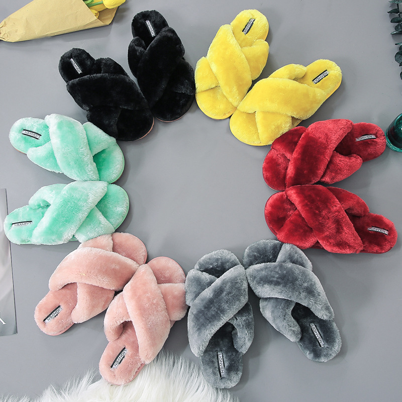 Winter Women House Slippers Faux Fur Fashion Warm Shoes 拖鞋