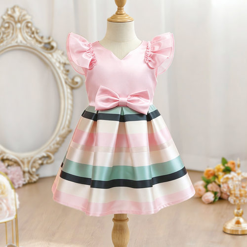 Girls Fresh Striped Satin Flutter Sleeve Princess Dress Gown