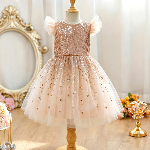 Champagne Sequined Flutter Sleeve Princess Dress for Girls