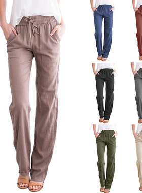 Summer Tie-Waist Pants Women Cotton Linen Casual Trousers