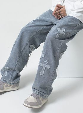Men Trousers Cross Denim Pants Streetwear HipHop Baggy Jeans