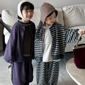 2025秋季新款儿童条纹圆领外套男女宝宝针织长裤运动套装森系撞色