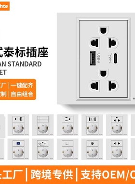 86型白色泰式三孔暗装单开单控16A泰标6孔开关插座面板usb+type-c