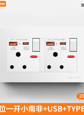 5A250V小南非标印度146二位一开三孔带USB快充暗装插座type-c20W