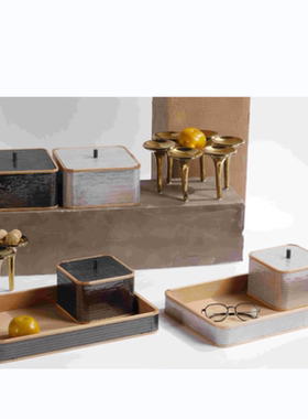 意式极简轻奢高端真皮实木托盘收纳盒展示盒创意摆件样板间装饰品