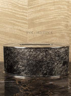 现代轻奢简约不锈钢皮革天然马毛直径盒样板间客厅创意抽纸盒摆设