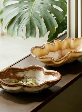 中古风复古风天然玉石异形创意水果盘样板间高端石材果盘装饰品