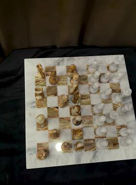 中古风复古风天然石材手工雕刻国际象棋摆件样板间高端石材棋盘