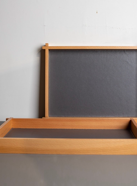 现代简约意式实木皮革创意托盘摆设样板间原木风相框收纳盘装饰品