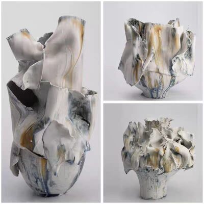 中古风复古风手工陶瓷异形创意花器装饰品摆设样板间高端花瓶摆件