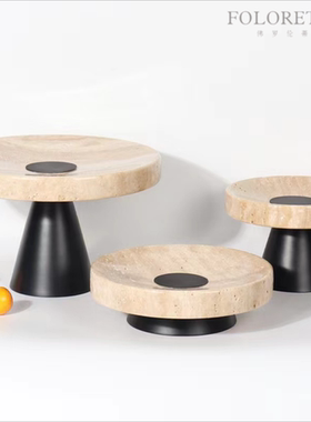 现代轻奢简约中式天然大理石创意果盘样板间茶几黄洞石几何收纳盘