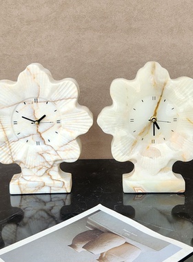 现代简约天然大理石高端创意时钟摆件样板间卧室床头柜桌面闹钟