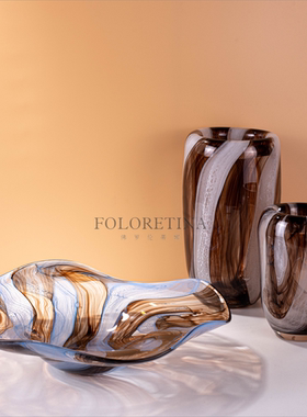 现代轻奢简约手工玻璃花器摆设样板间客厅台面玄关台果盘花瓶摆件