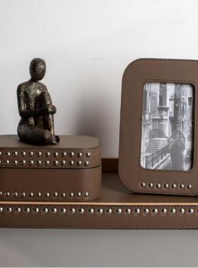 现代简约皮革相框首饰盒创意装饰品摆设样板间售楼处几何托盘摆件