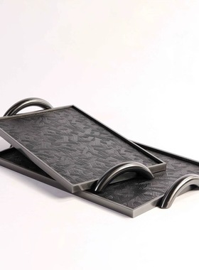 现代简约金属皮革皮质双耳把手长方形托盘创意装饰摆件桌面样板间