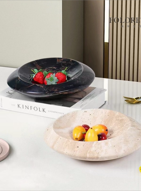 现代轻奢简约大理石几何圆形创意果盘样板间茶几天然洞石收纳盘