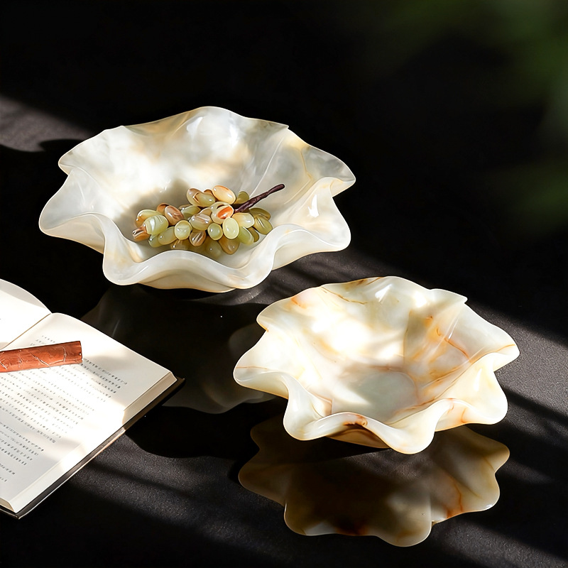 中古风复古风天然玉石创意果盘装饰品样板间高端少众石材果盘摆件