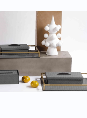 现代轻奢简约高档皮革五金收纳盘托盘摆件样板间纸巾盒收纳盒摆设