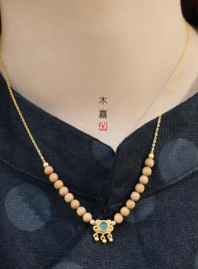 平安锁项链木质檀香925银锁骨链